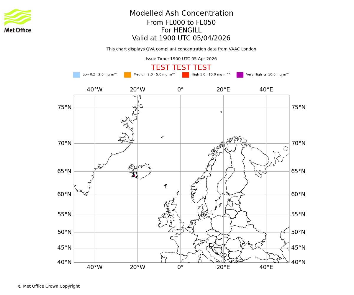Modelled ash concentration from 000 to 050 for HENGILL. Valid at 1900 UTC 05/04/2026