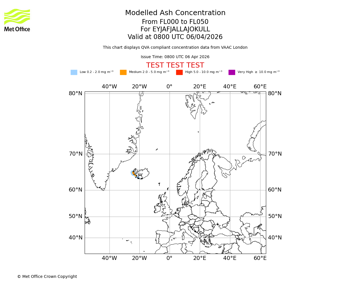 Modelled ash concentration from 000 to 050 for EYJAFJALLAJOKULL. Valid at 0800 UTC 06/04/2026