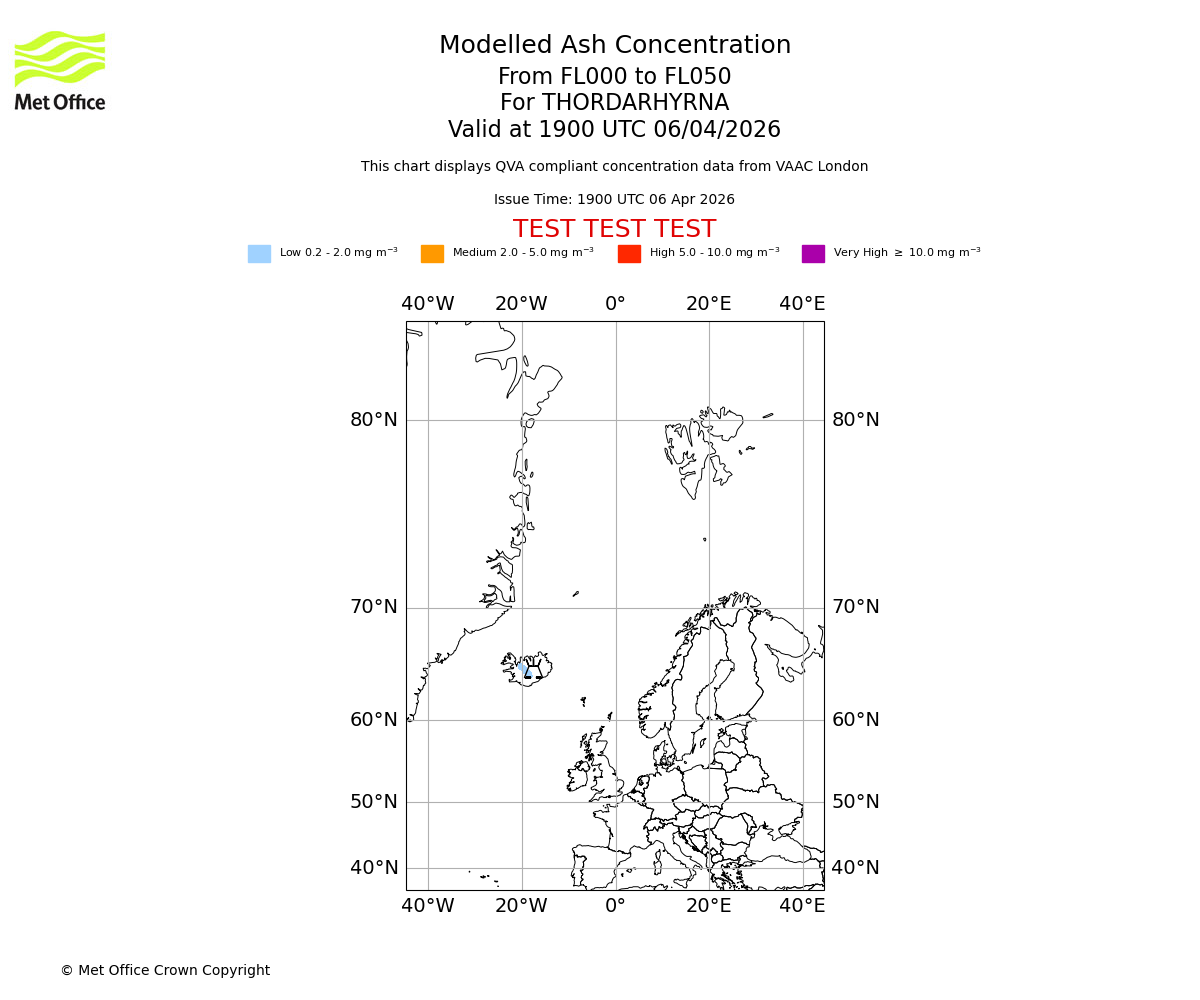 Modelled ash concentration from 000 to 050 for THORDARHYRNA. Valid at 1900 UTC 06/04/2026