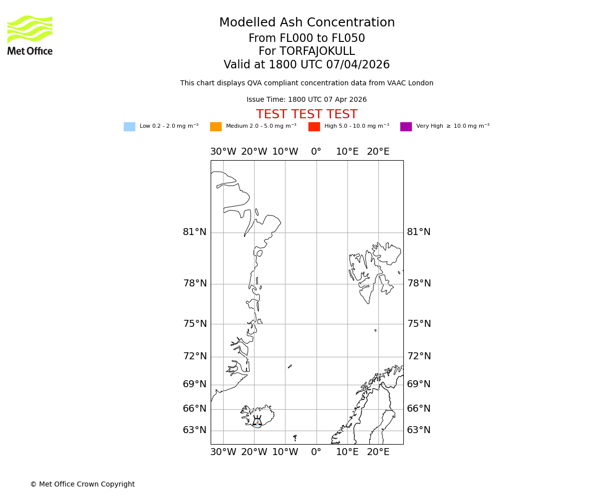 Modelled ash concentration from 000 to 050 for TORFAJOKULL. Valid at 1800 UTC 07/04/2026