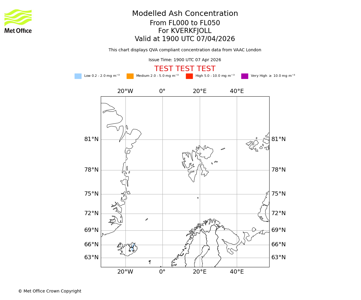 Modelled ash concentration from 000 to 050 for KVERKFJOLL. Valid at 1900 UTC 07/04/2026