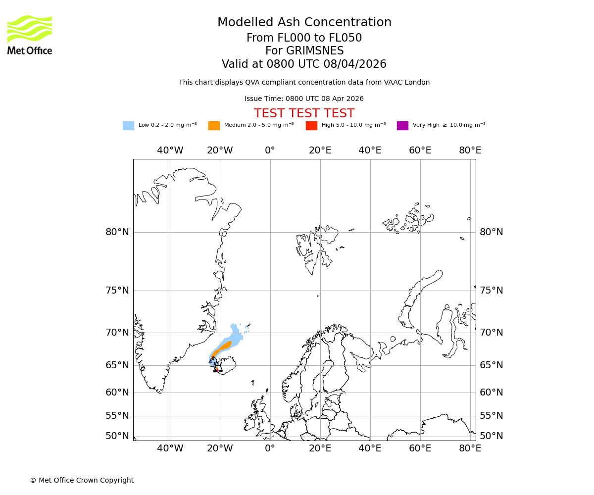 Modelled ash concentration from 000 to 050 for GRIMSNES. Valid at 0800 UTC 08/04/2026