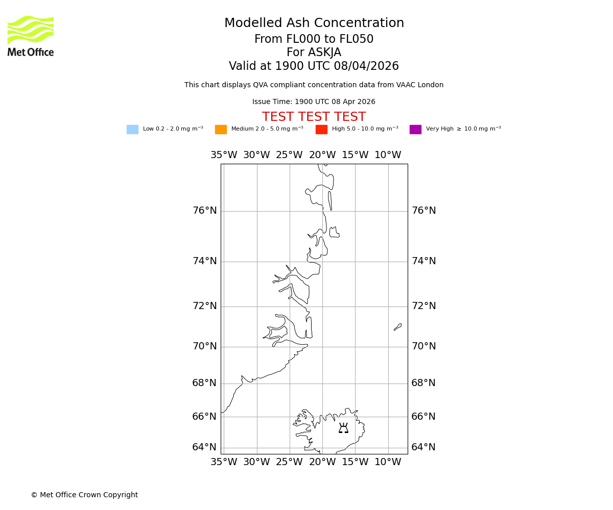 Modelled ash concentration from 000 to 050 for ASKJA. Valid at 1900 UTC 08/04/2026