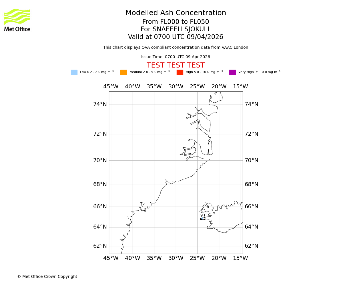 Modelled ash concentration from 000 to 050 for SNAEFELLSJOKULL. Valid at 0700 UTC 09/04/2026