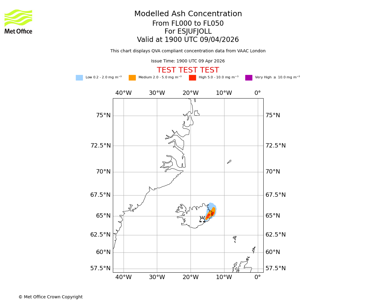 Modelled ash concentration from 000 to 050 for ESJUFJOLL. Valid at 1900 UTC 09/04/2026