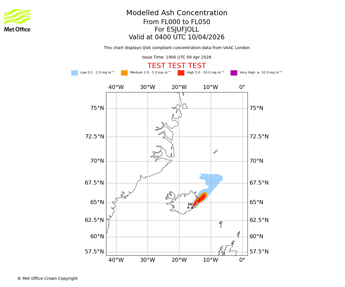Modelled ash concentration from 000 to 050 for ESJUFJOLL. Valid at 0400 UTC 10/04/2026