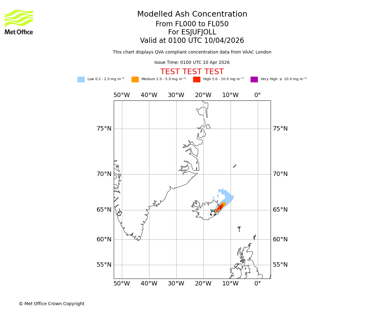 Modelled ash concentration from 000 to 050 for ESJUFJOLL. Valid at 0100 UTC 10/04/2026