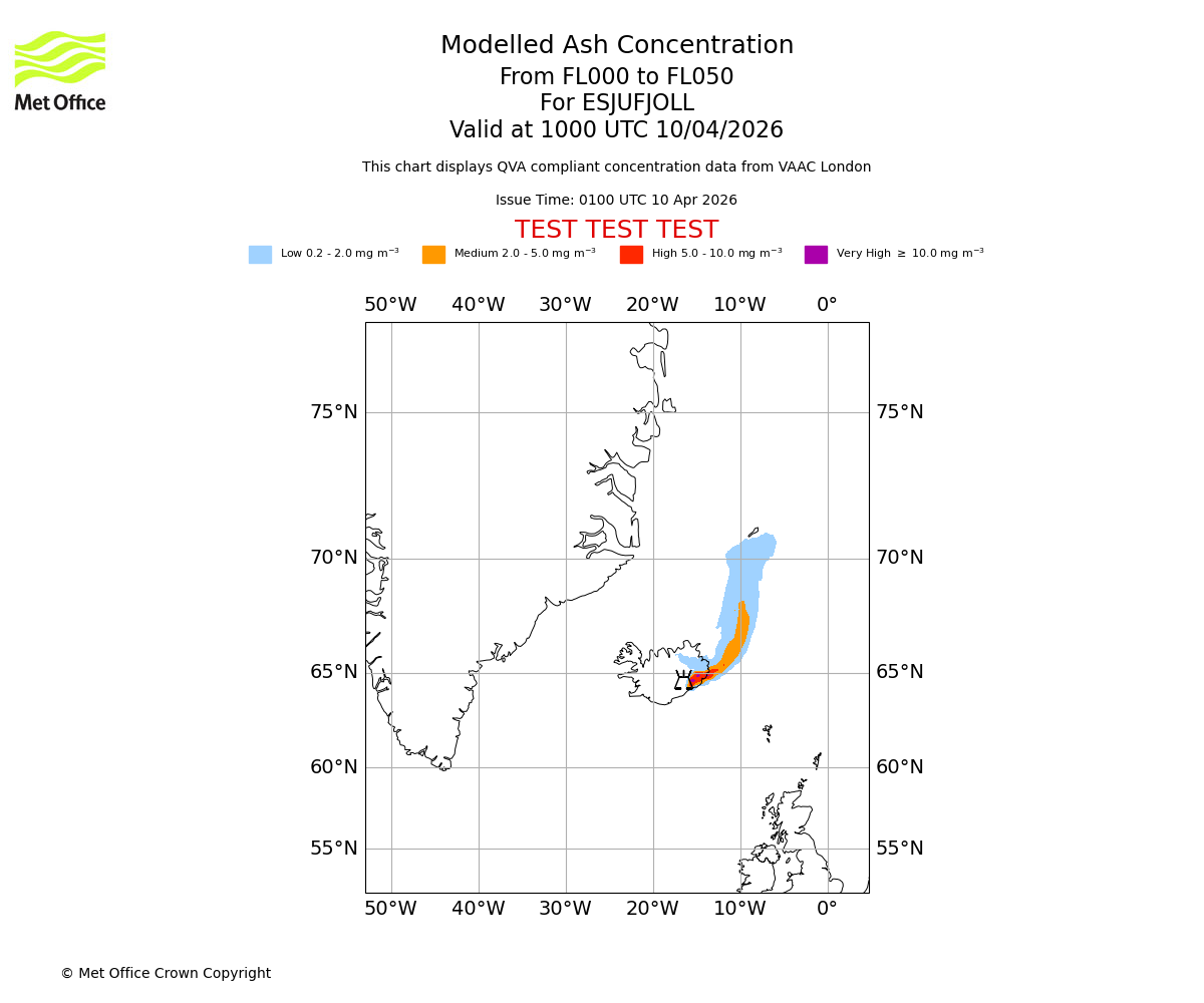 Modelled ash concentration from 000 to 050 for ESJUFJOLL. Valid at 1000 UTC 10/04/2026
