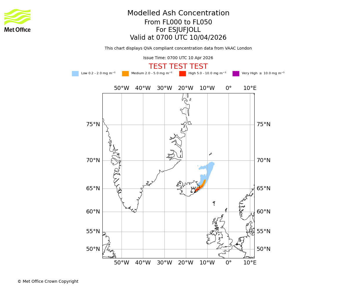 Modelled ash concentration from 000 to 050 for ESJUFJOLL. Valid at 0700 UTC 10/04/2026