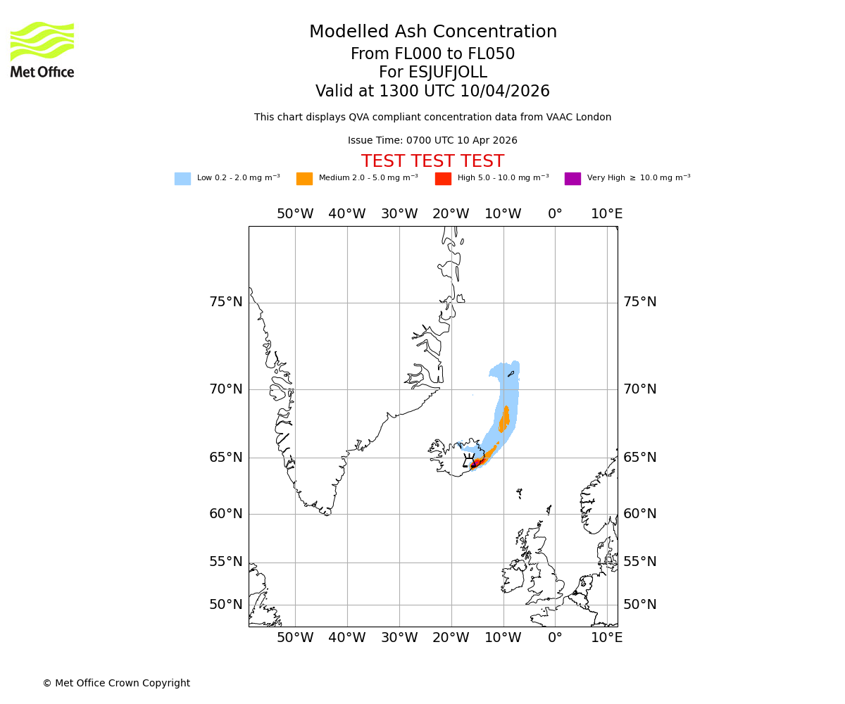 Modelled ash concentration from 000 to 050 for ESJUFJOLL. Valid at 1300 UTC 10/04/2026