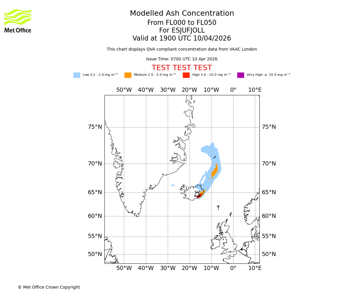 Modelled ash concentration from 000 to 050 for ESJUFJOLL. Valid at 1900 UTC 10/04/2026