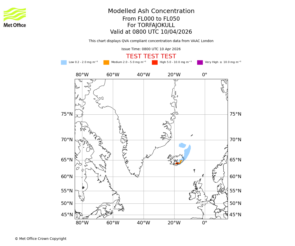 Modelled ash concentration from 000 to 050 for TORFAJOKULL. Valid at 0800 UTC 10/04/2026