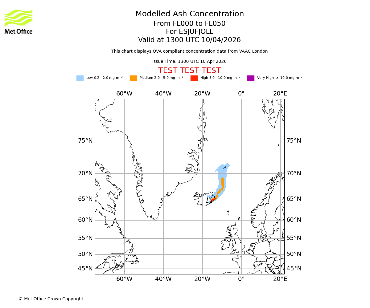 Modelled ash concentration from 000 to 050 for ESJUFJOLL. Valid at 1300 UTC 10/04/2026