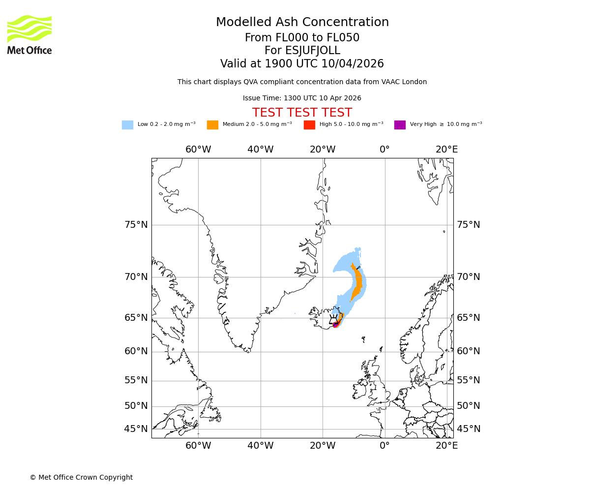 Modelled ash concentration from 000 to 050 for ESJUFJOLL. Valid at 1900 UTC 10/04/2026