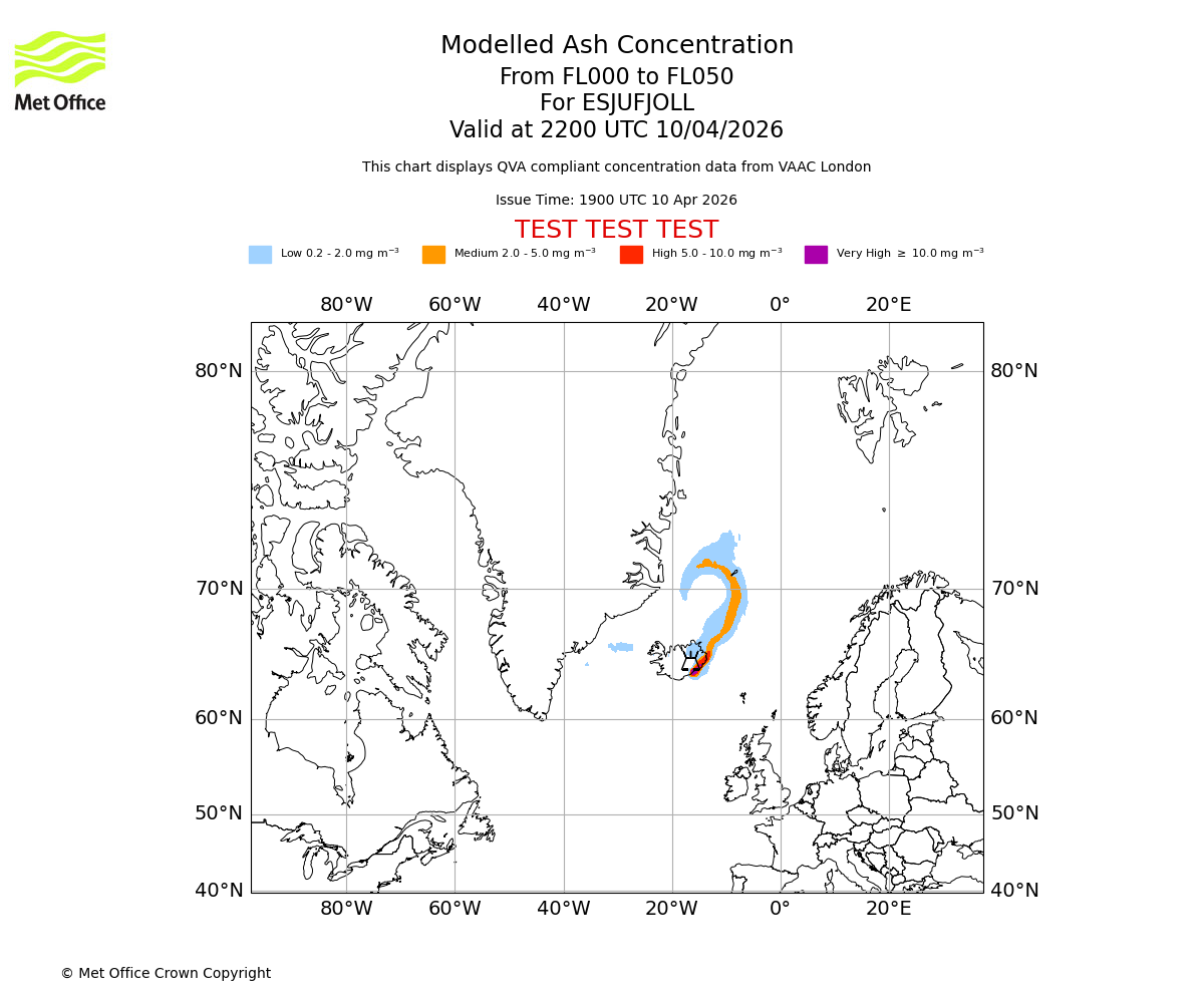 Modelled ash concentration from 000 to 050 for ESJUFJOLL. Valid at 2200 UTC 10/04/2026