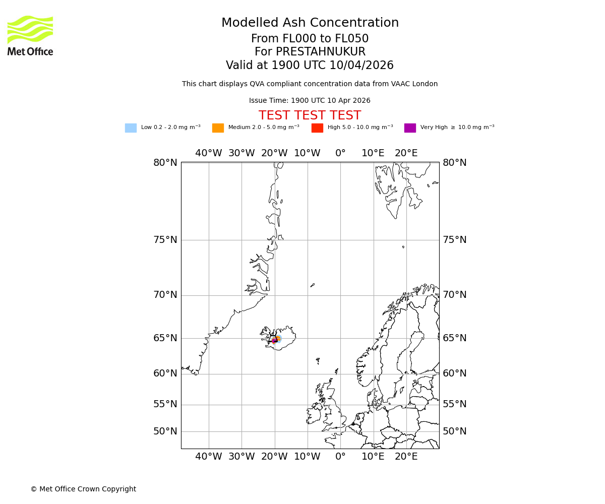 Modelled ash concentration from 000 to 050 for PRESTAHNUKUR. Valid at 1900 UTC 10/04/2026