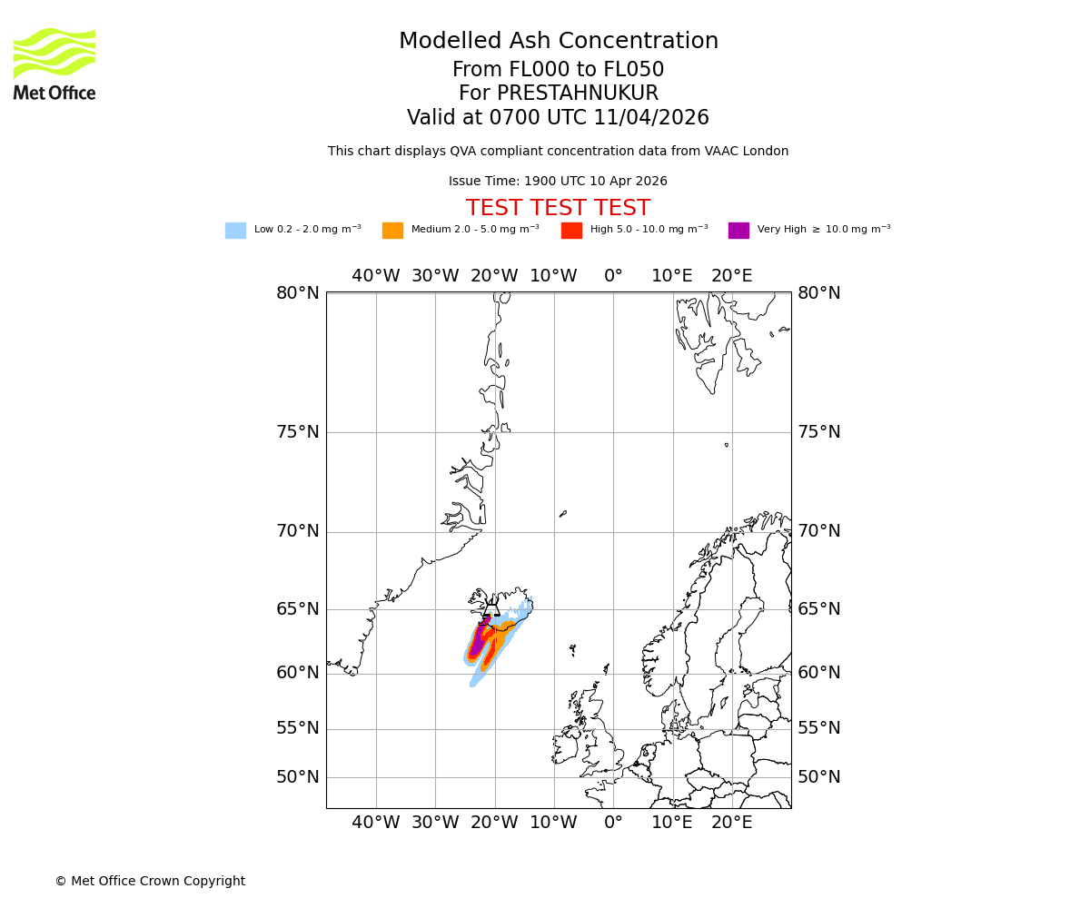 Modelled ash concentration from 000 to 050 for PRESTAHNUKUR. Valid at 0700 UTC 11/04/2026