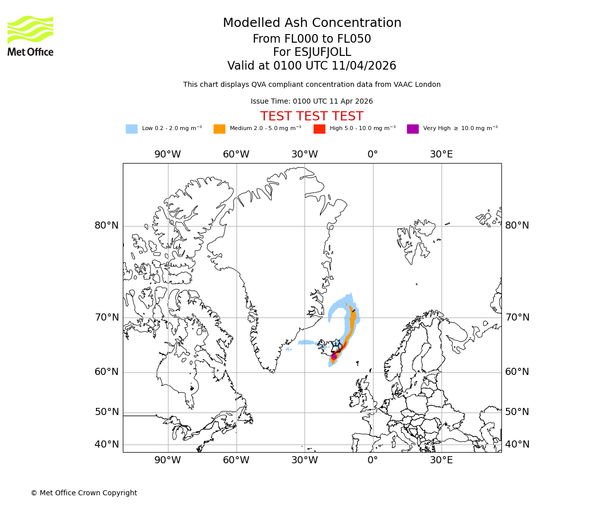 Modelled ash concentration from 000 to 050 for ESJUFJOLL. Valid at 0100 UTC 11/04/2026