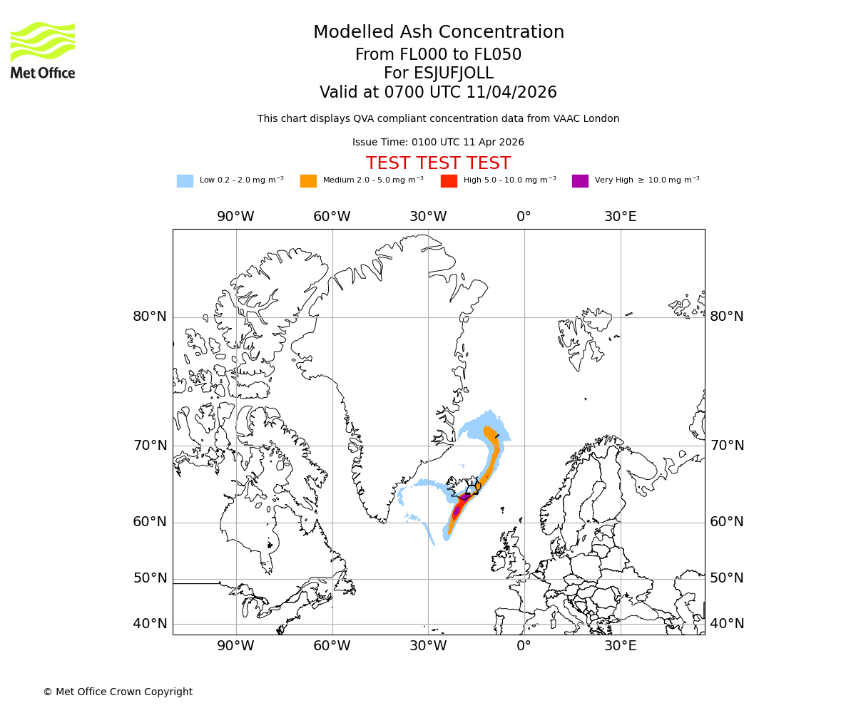 Modelled ash concentration from 000 to 050 for ESJUFJOLL. Valid at 0700 UTC 11/04/2026