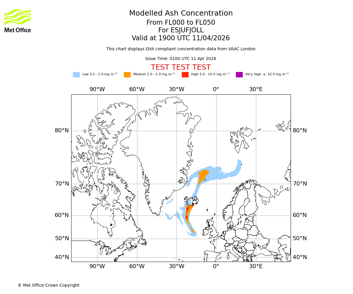 Modelled ash concentration from 000 to 050 for ESJUFJOLL. Valid at 1900 UTC 11/04/2026