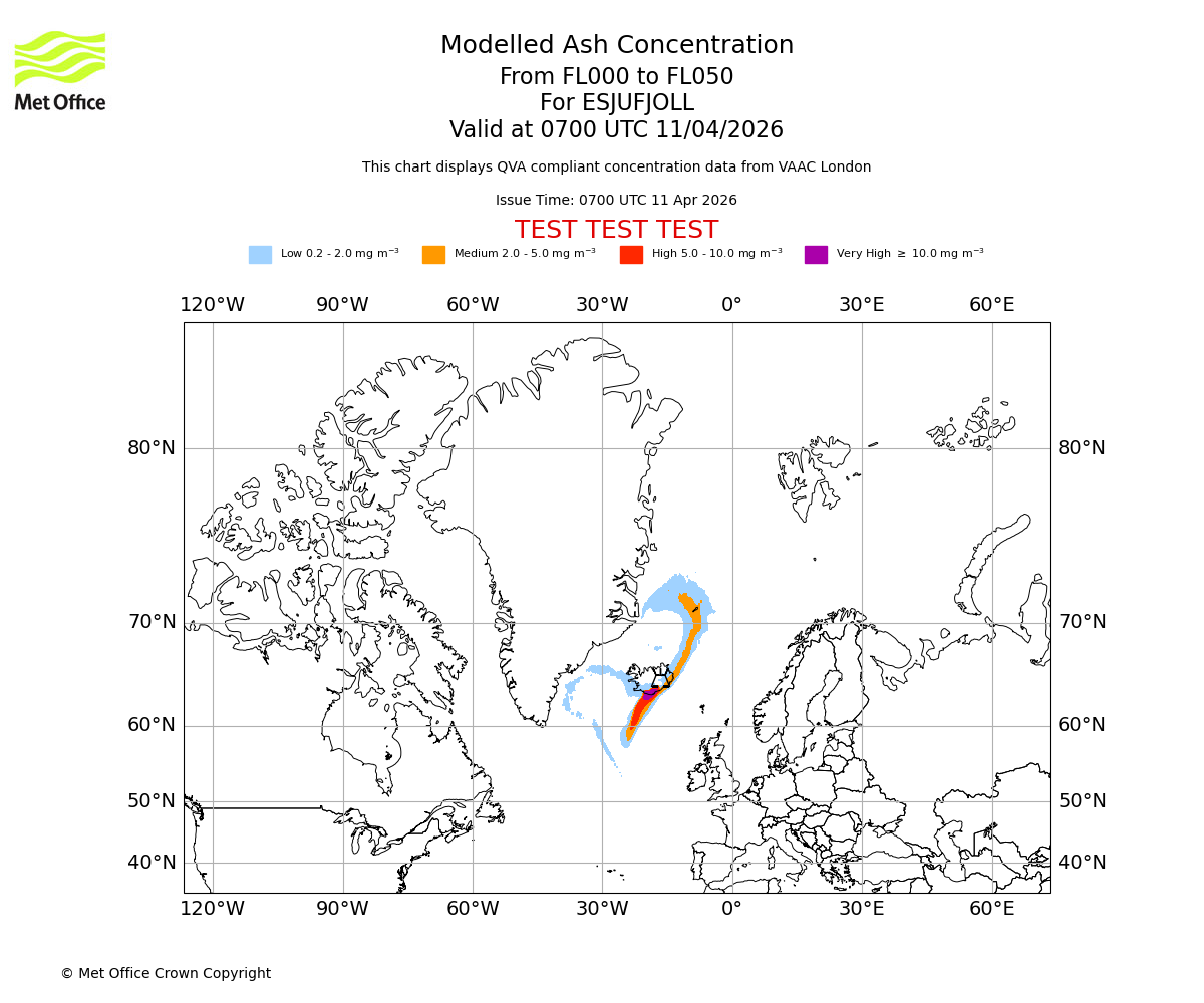 Modelled ash concentration from 000 to 050 for ESJUFJOLL. Valid at 0700 UTC 11/04/2026