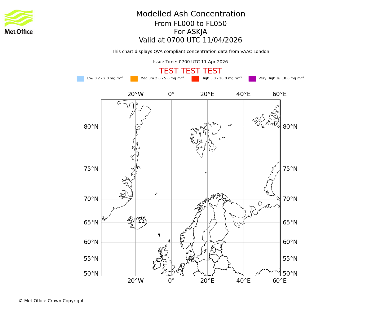 Modelled ash concentration from 000 to 050 for ASKJA. Valid at 0700 UTC 11/04/2026
