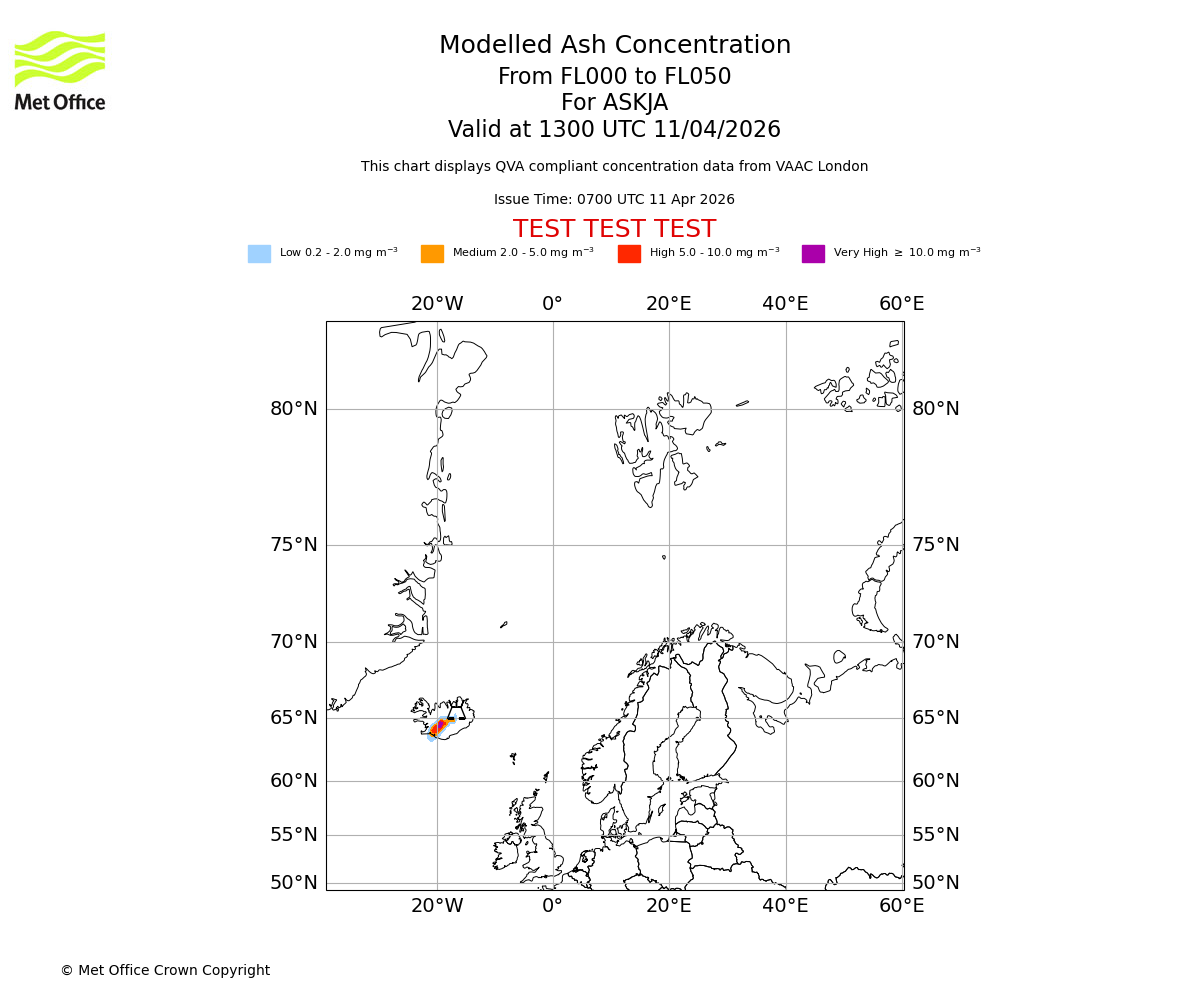 Modelled ash concentration from 000 to 050 for ASKJA. Valid at 1300 UTC 11/04/2026