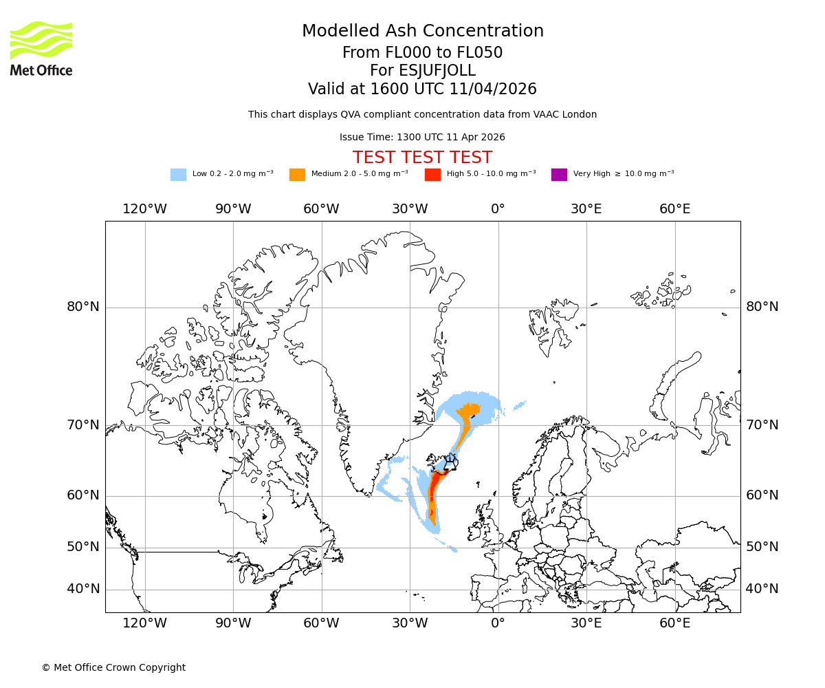 Modelled ash concentration from 000 to 050 for ESJUFJOLL. Valid at 1600 UTC 11/04/2026
