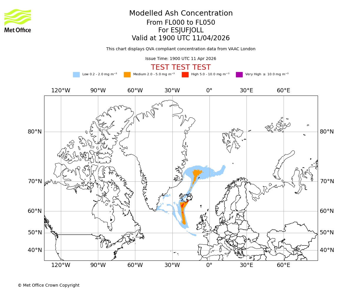 Modelled ash concentration from 000 to 050 for ESJUFJOLL. Valid at 1900 UTC 11/04/2026