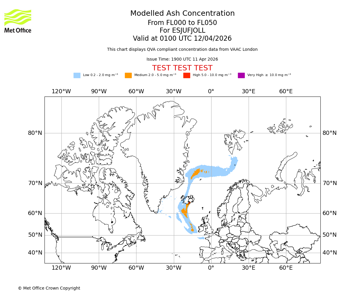 Modelled ash concentration from 000 to 050 for ESJUFJOLL. Valid at 0100 UTC 12/04/2026