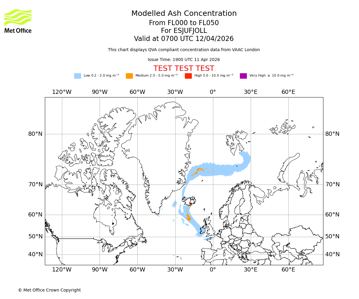 Modelled ash concentration from 000 to 050 for ESJUFJOLL. Valid at 0700 UTC 12/04/2026