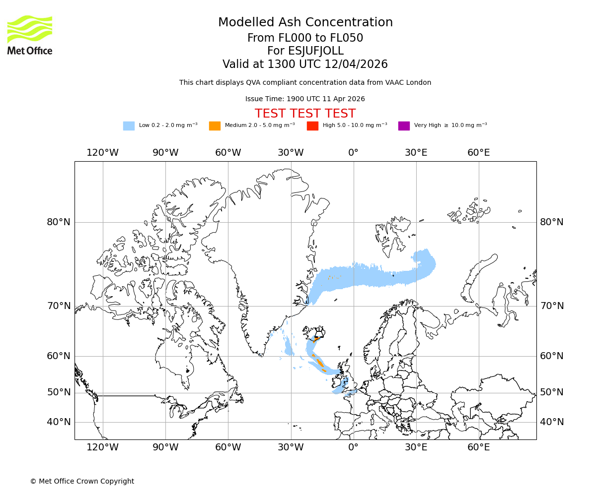 Modelled ash concentration from 000 to 050 for ESJUFJOLL. Valid at 1300 UTC 12/04/2026