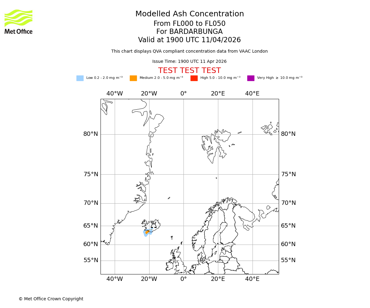 Modelled ash concentration from 000 to 050 for BARDARBUNGA. Valid at 1900 UTC 11/04/2026