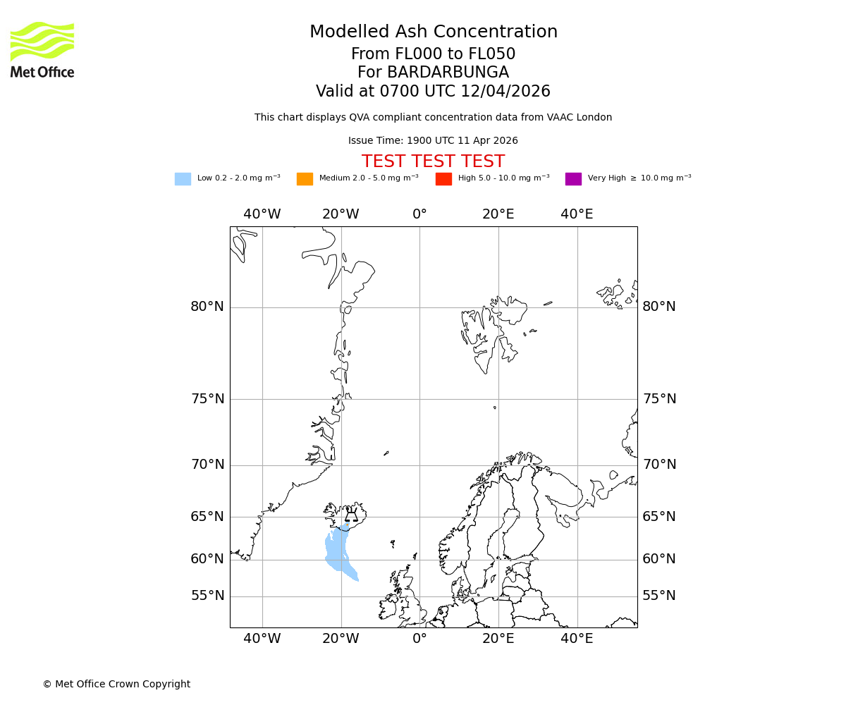 Modelled ash concentration from 000 to 050 for BARDARBUNGA. Valid at 0700 UTC 12/04/2026