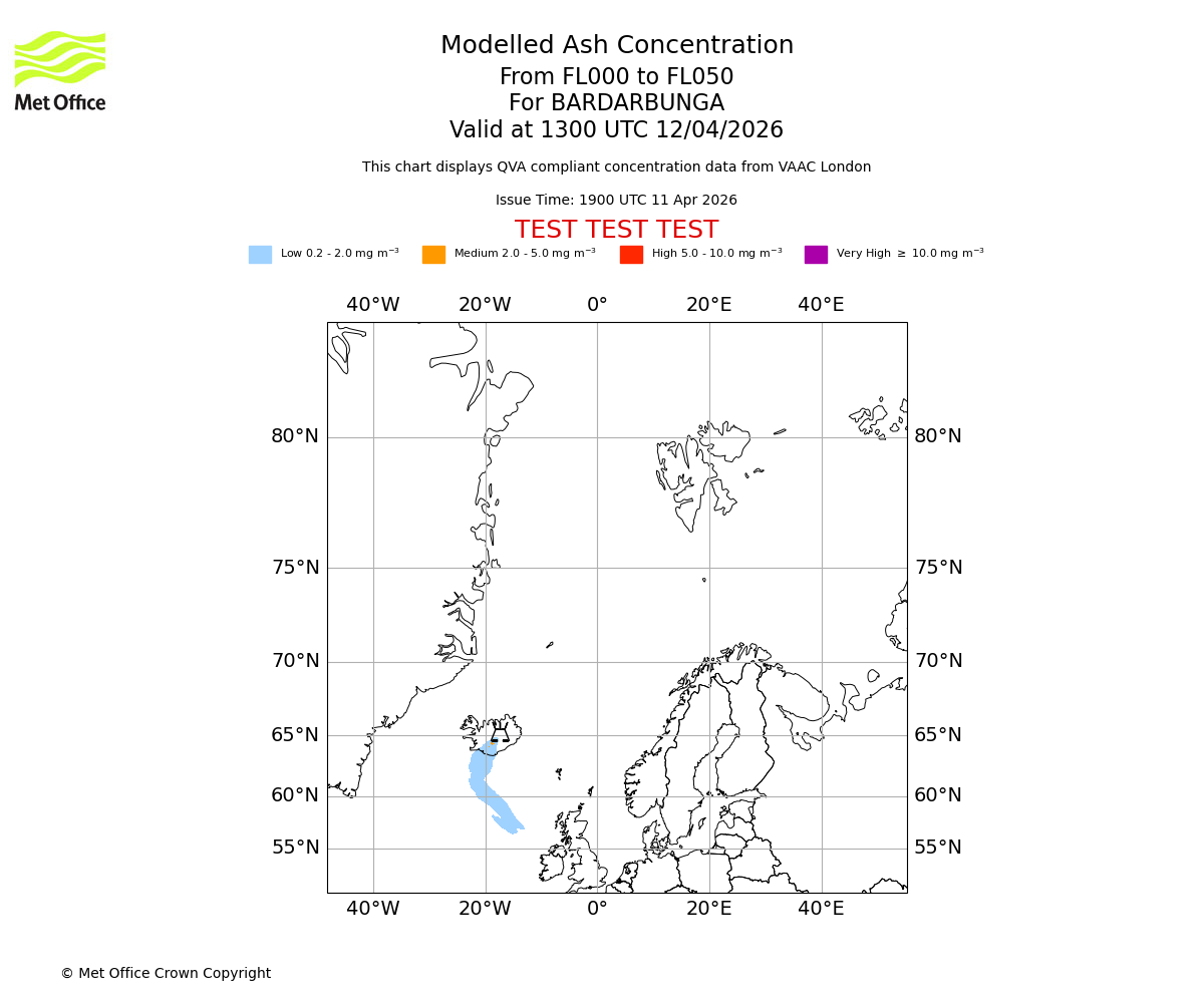 Modelled ash concentration from 000 to 050 for BARDARBUNGA. Valid at 1300 UTC 12/04/2026
