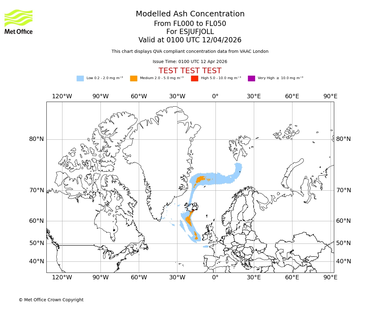 Modelled ash concentration from 000 to 050 for ESJUFJOLL. Valid at 0100 UTC 12/04/2026