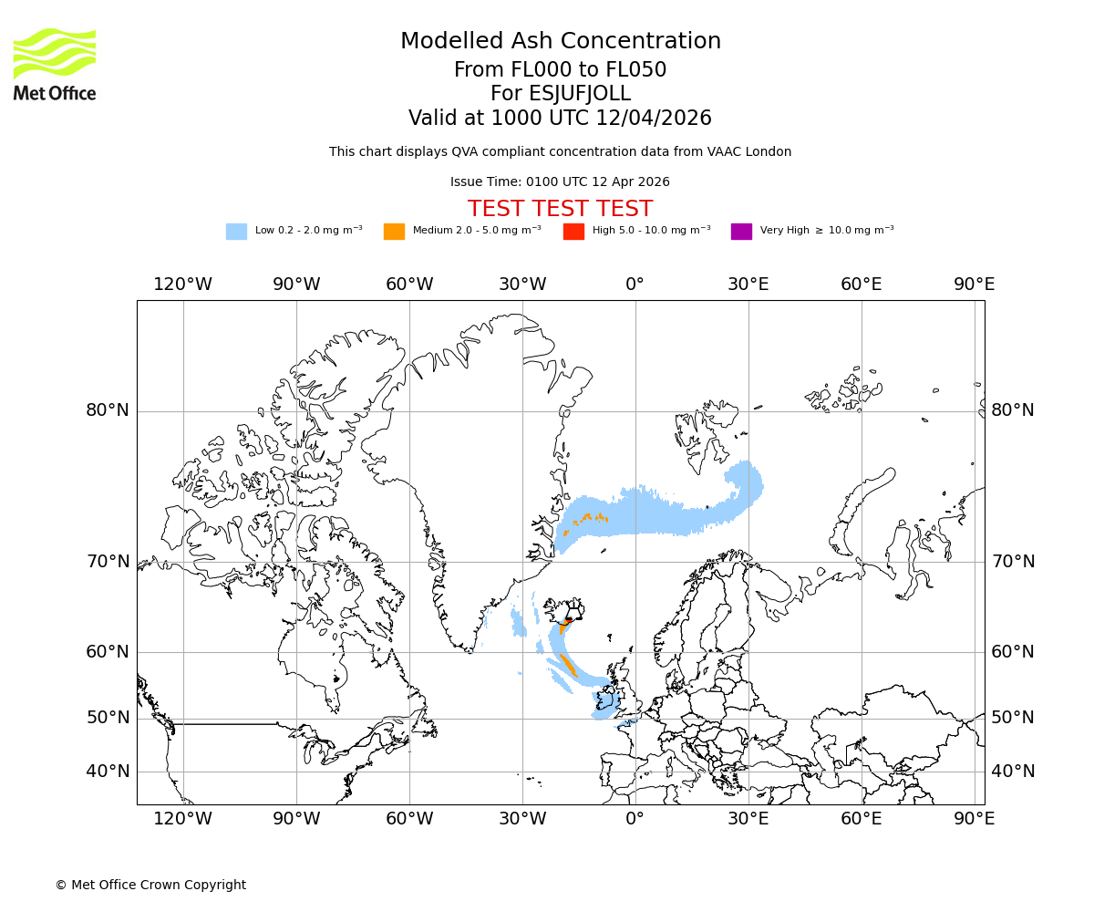 Modelled ash concentration from 000 to 050 for ESJUFJOLL. Valid at 1000 UTC 12/04/2026