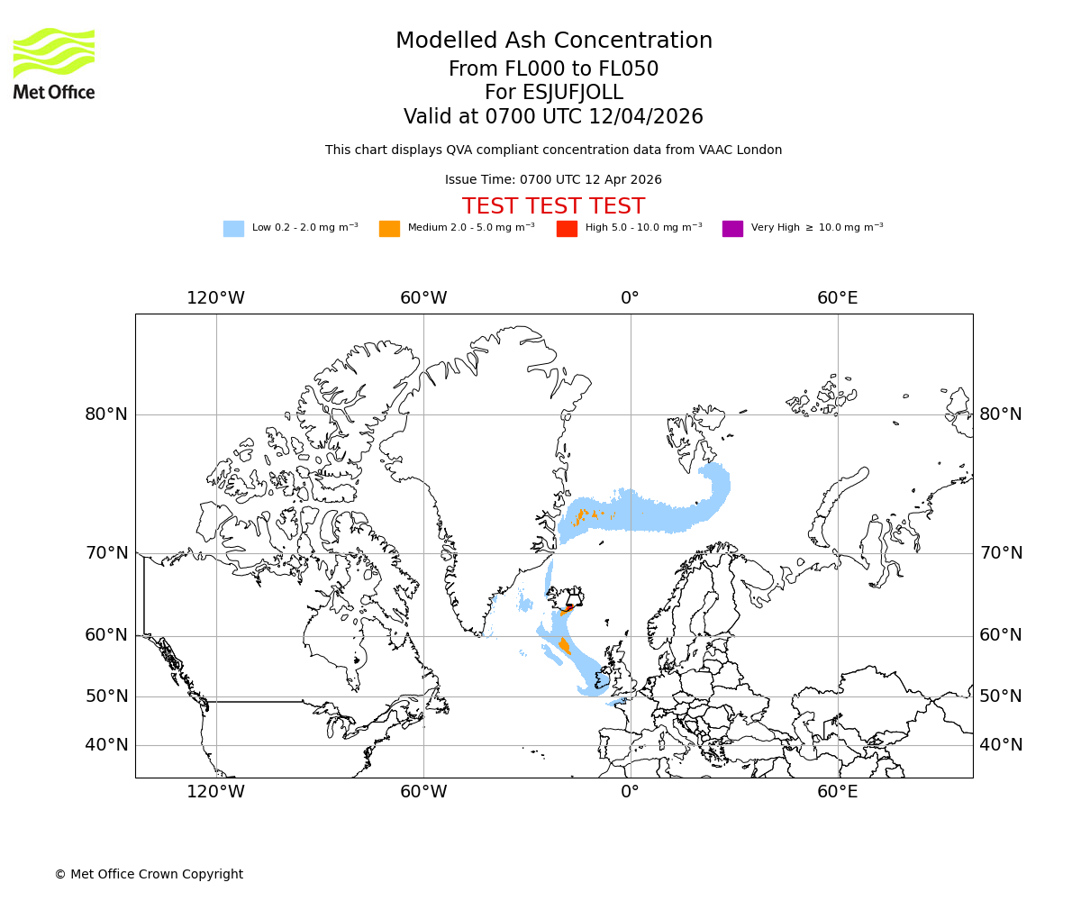 Modelled ash concentration from 000 to 050 for ESJUFJOLL. Valid at 0700 UTC 12/04/2026