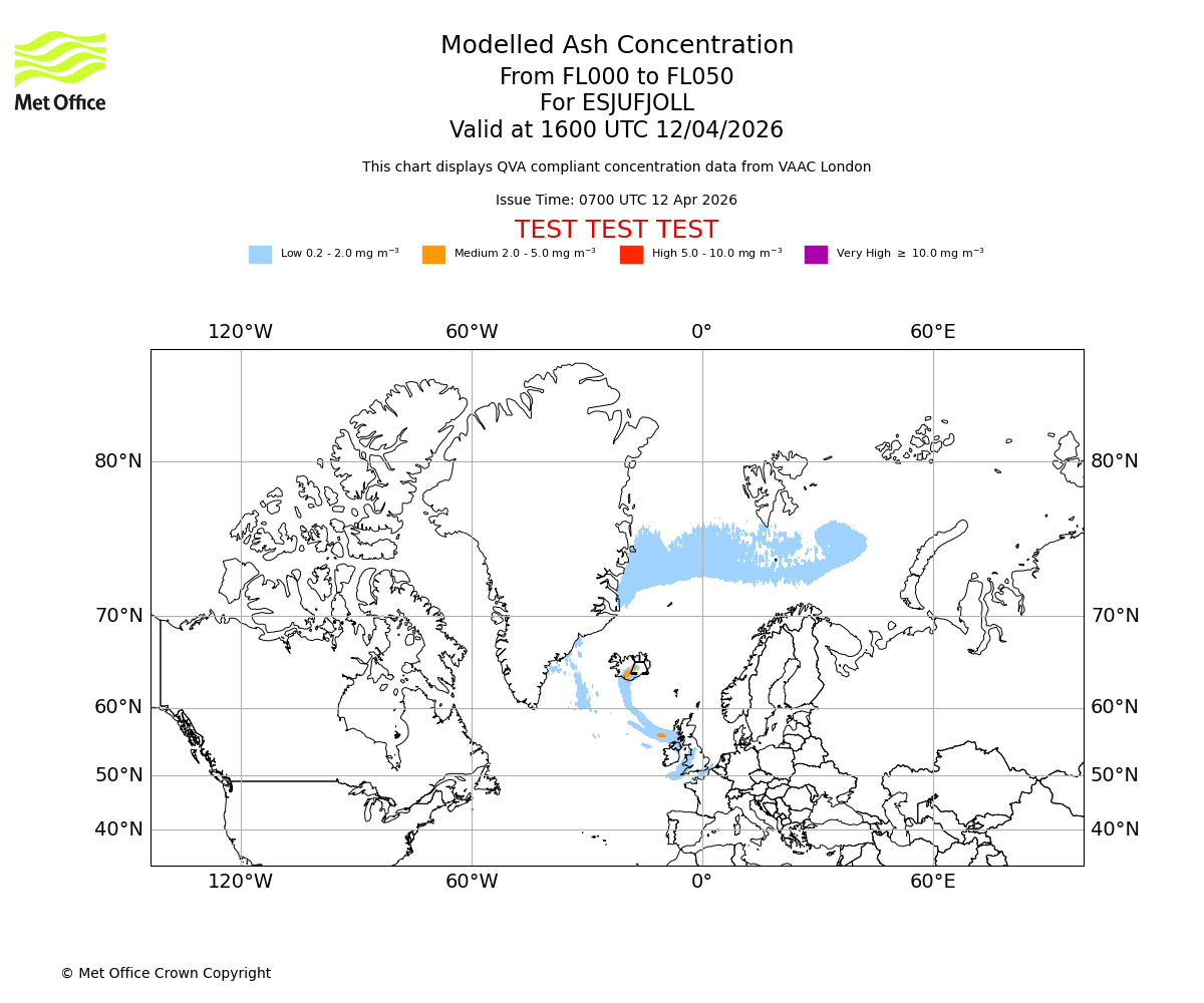 Modelled ash concentration from 000 to 050 for ESJUFJOLL. Valid at 1600 UTC 12/04/2026