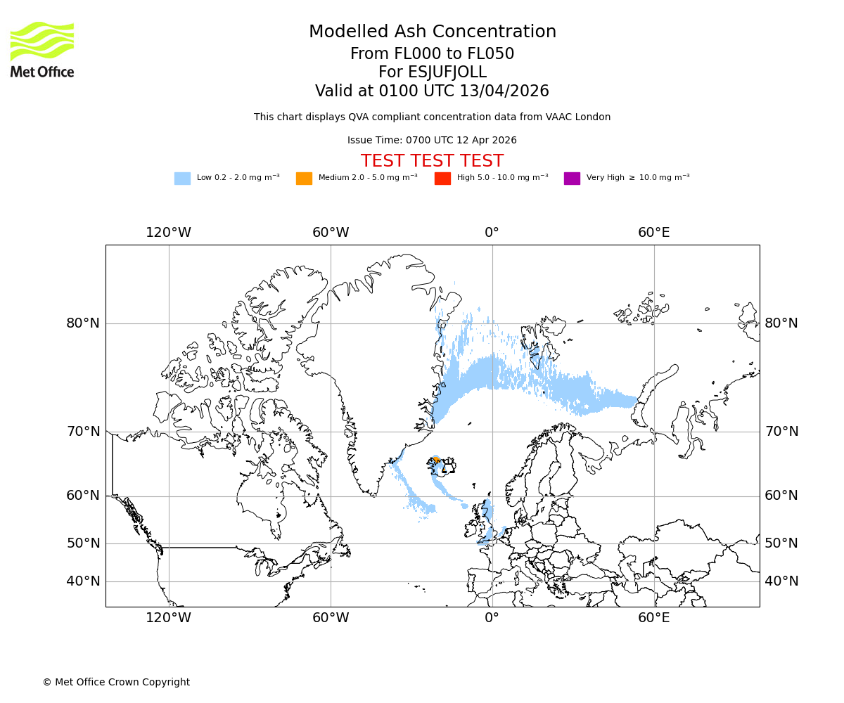 Modelled ash concentration from 000 to 050 for ESJUFJOLL. Valid at 0100 UTC 13/04/2026
