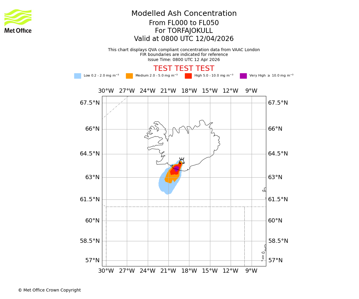 Modelled ash concentration from 000 to 050 for TORFAJOKULL. Valid at 0800 UTC 12/04/2026
