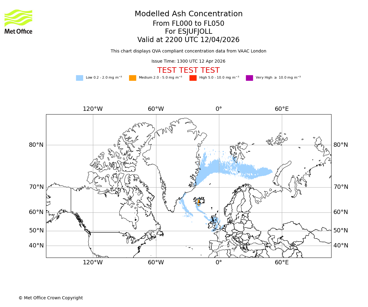 Modelled ash concentration from 000 to 050 for ESJUFJOLL. Valid at 2200 UTC 12/04/2026