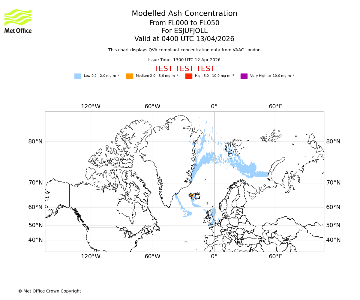 Modelled ash concentration from 000 to 050 for ESJUFJOLL. Valid at 0400 UTC 13/04/2026