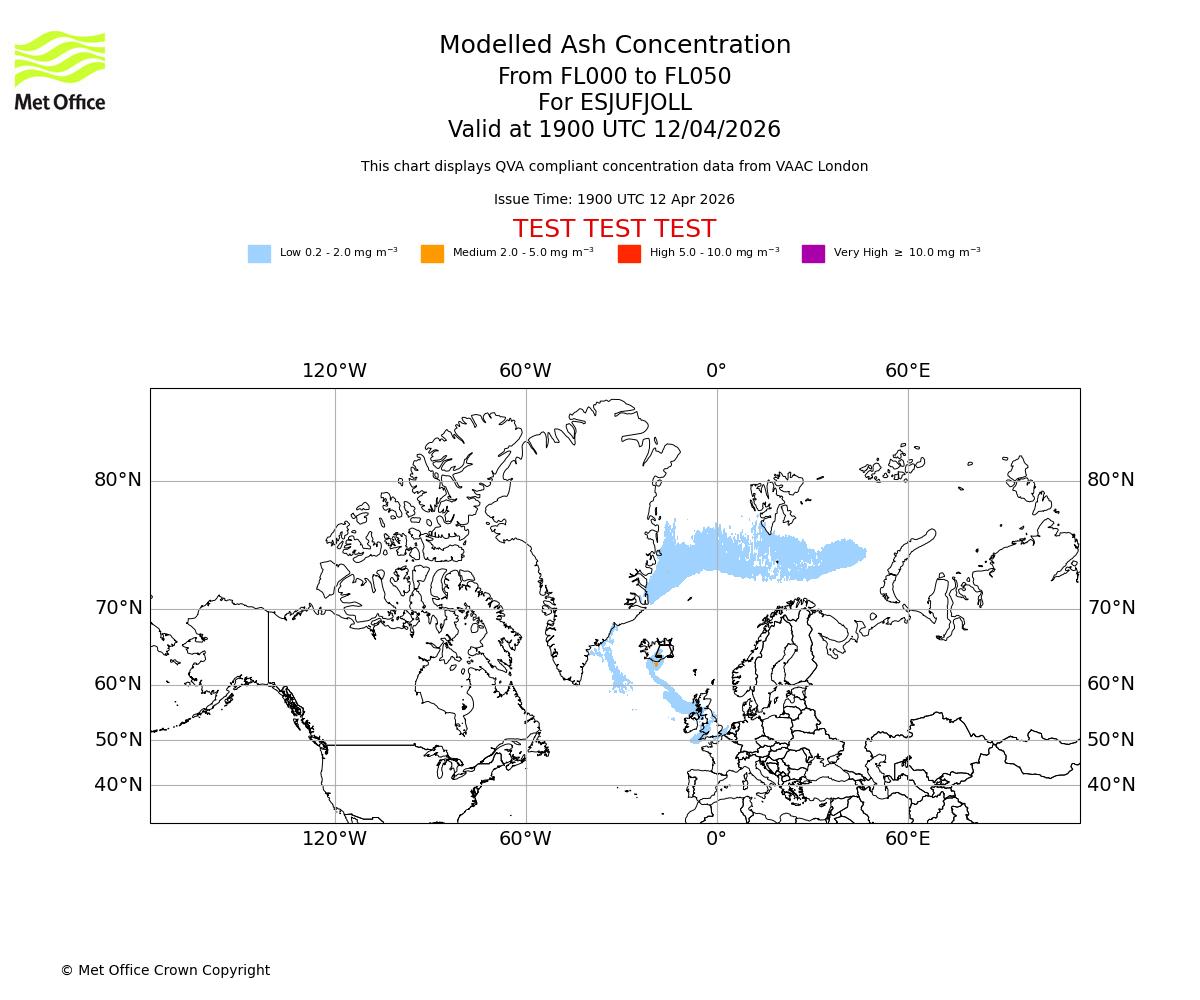Modelled ash concentration from 000 to 050 for ESJUFJOLL. Valid at 1900 UTC 12/04/2026