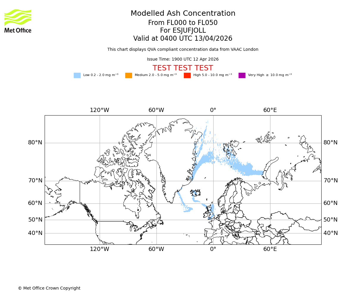 Modelled ash concentration from 000 to 050 for ESJUFJOLL. Valid at 0400 UTC 13/04/2026