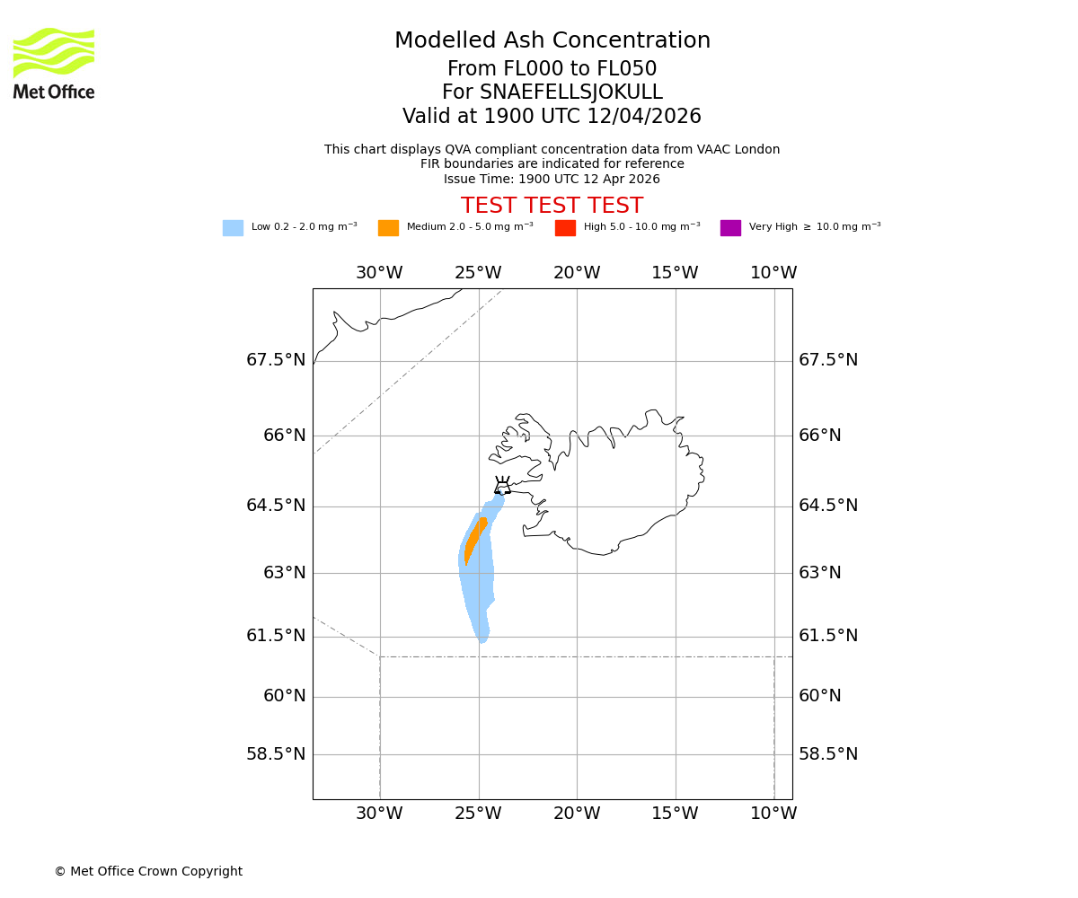 Modelled ash concentration from 000 to 050 for SNAEFELLSJOKULL. Valid at 1900 UTC 12/04/2026