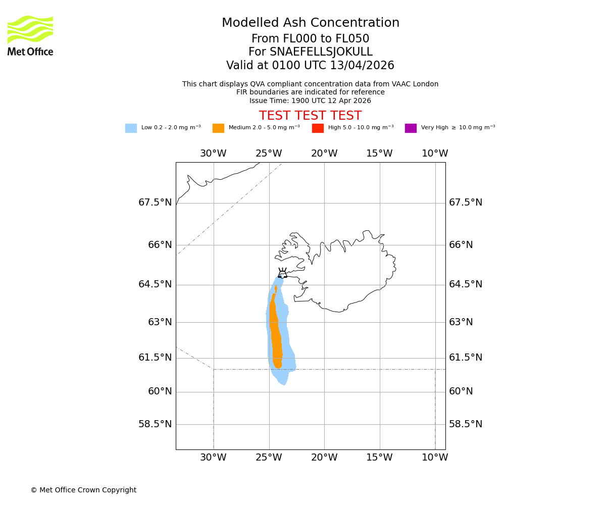 Modelled ash concentration from 000 to 050 for SNAEFELLSJOKULL. Valid at 0100 UTC 13/04/2026