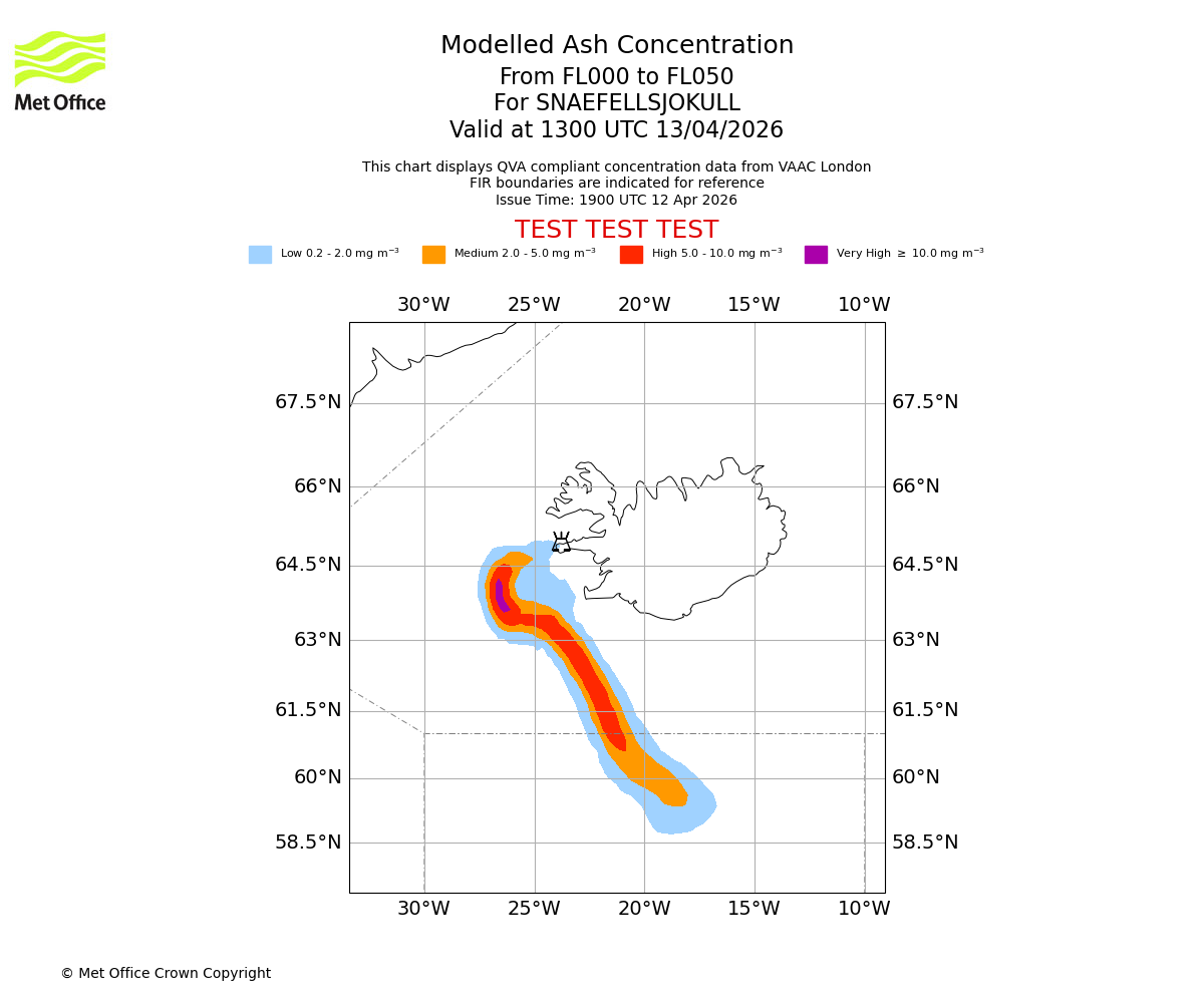Modelled ash concentration from 000 to 050 for SNAEFELLSJOKULL. Valid at 1300 UTC 13/04/2026