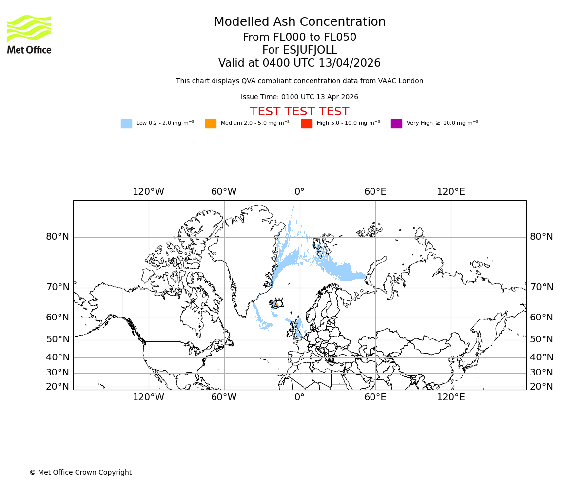 Modelled ash concentration from 000 to 050 for ESJUFJOLL. Valid at 0400 UTC 13/04/2026