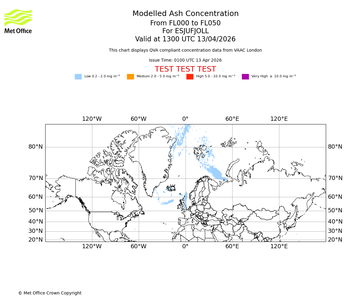 Modelled ash concentration from 000 to 050 for ESJUFJOLL. Valid at 1300 UTC 13/04/2026